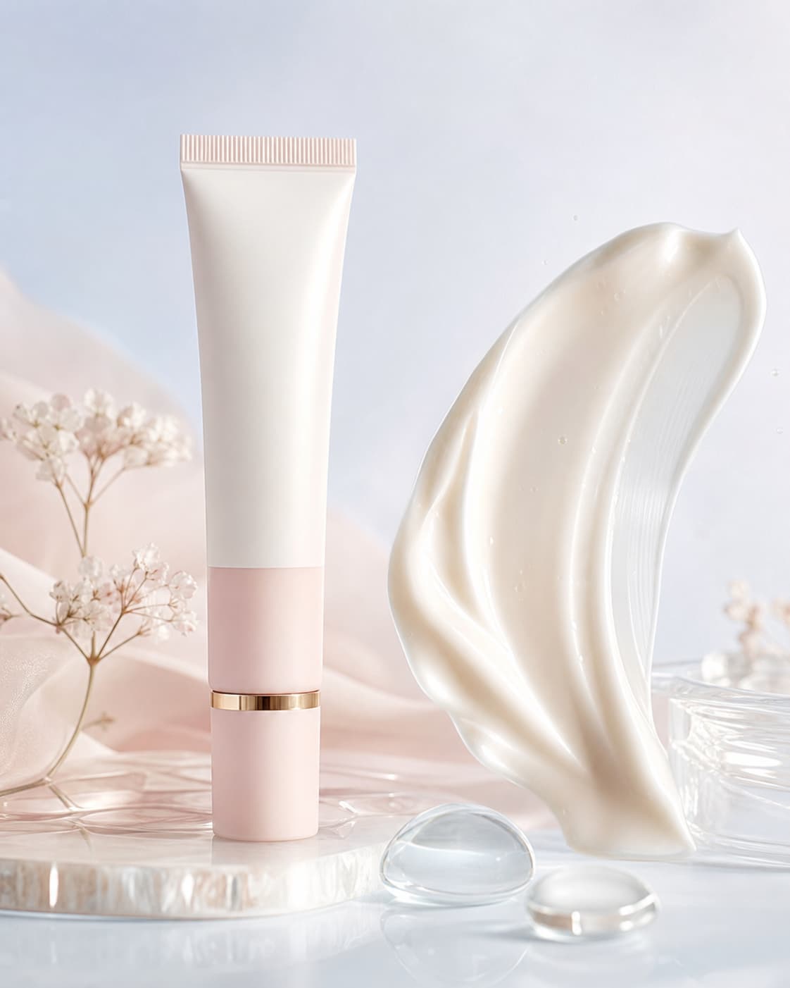 Tube de crème contour des yeux posé sur une surface douce, avec une macule de crème à la texture onctueuse à côté, dans des tons blancs et pastel sous une lumière diffuse apaisante.