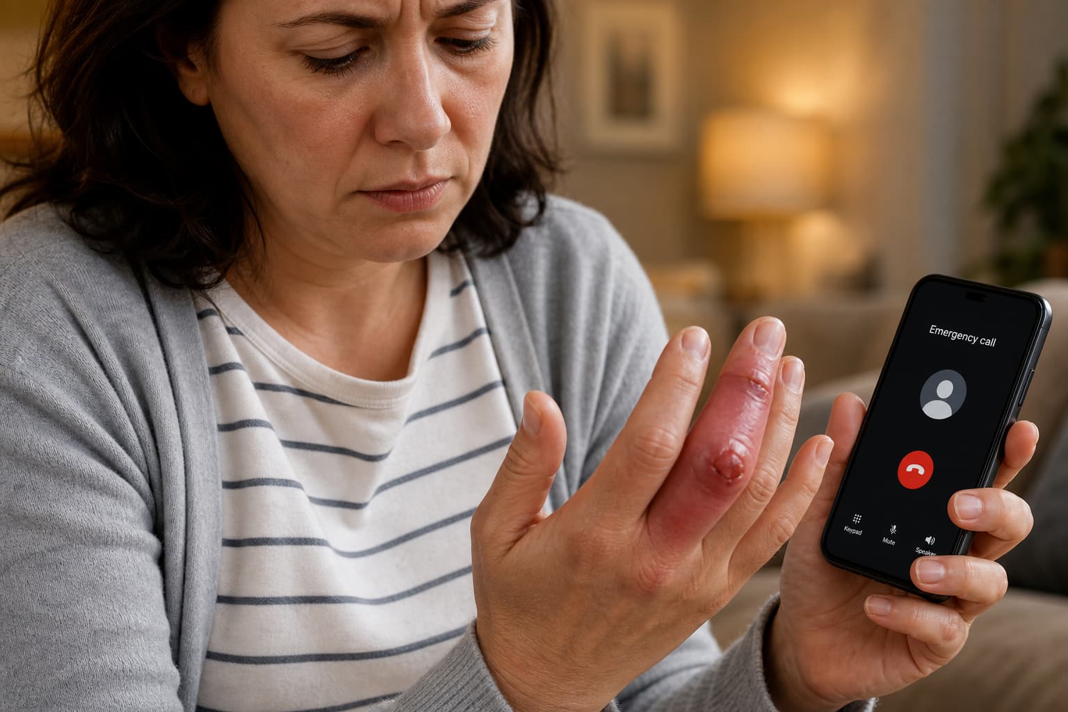 Patient inquiet regardant son doigt rouge et très gonflé, tenant un téléphone prêt à appeler les urgences, avec un fond de salon flou et une lumière chaude intérieure.