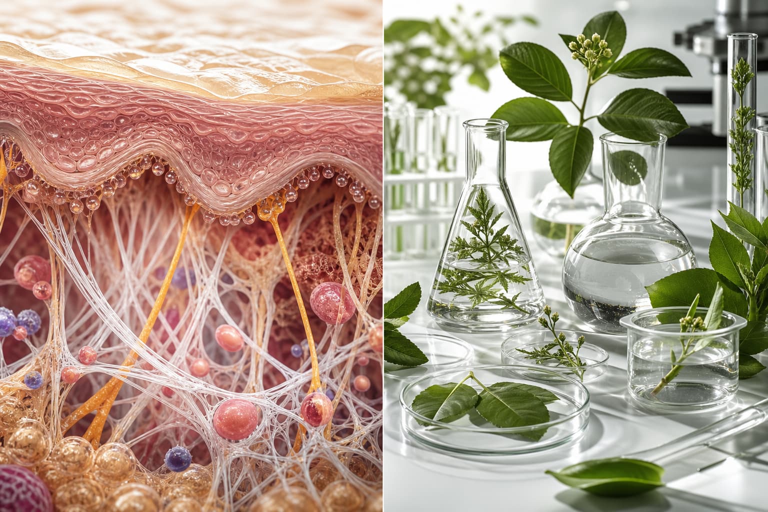 Illustration éditoriale en deux parties montrant à gauche une coupe de peau très agrandie révélant des fibres de collagène, un réseau d