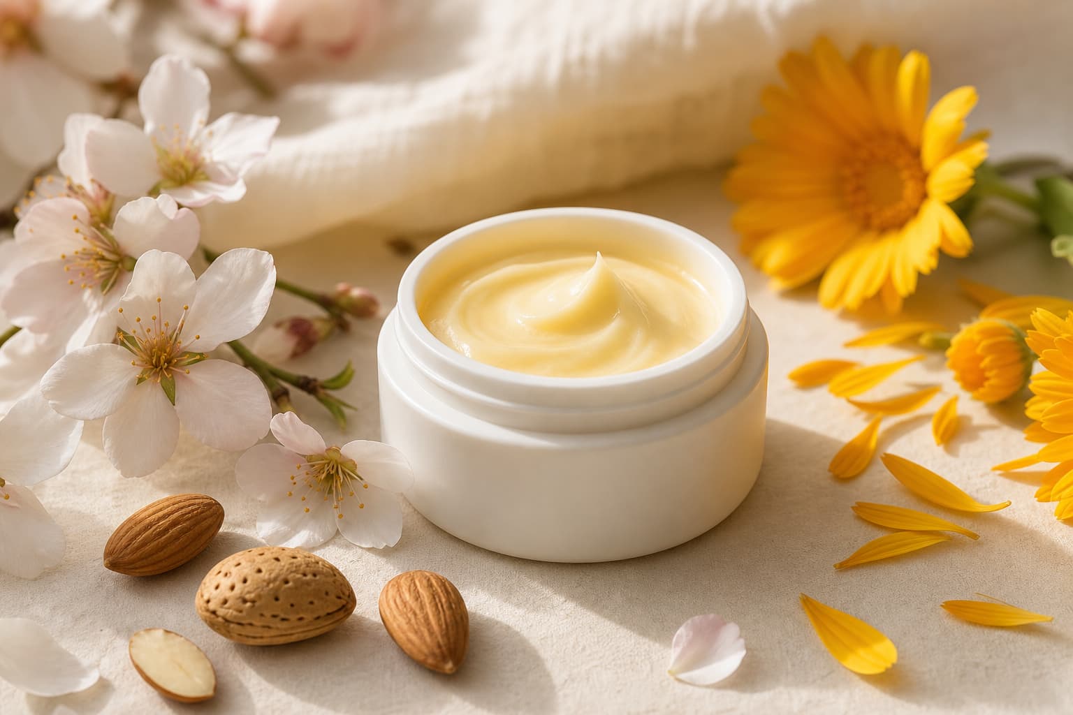 Un pot blanc élégant de crème contour des yeux entouré de fleurs d