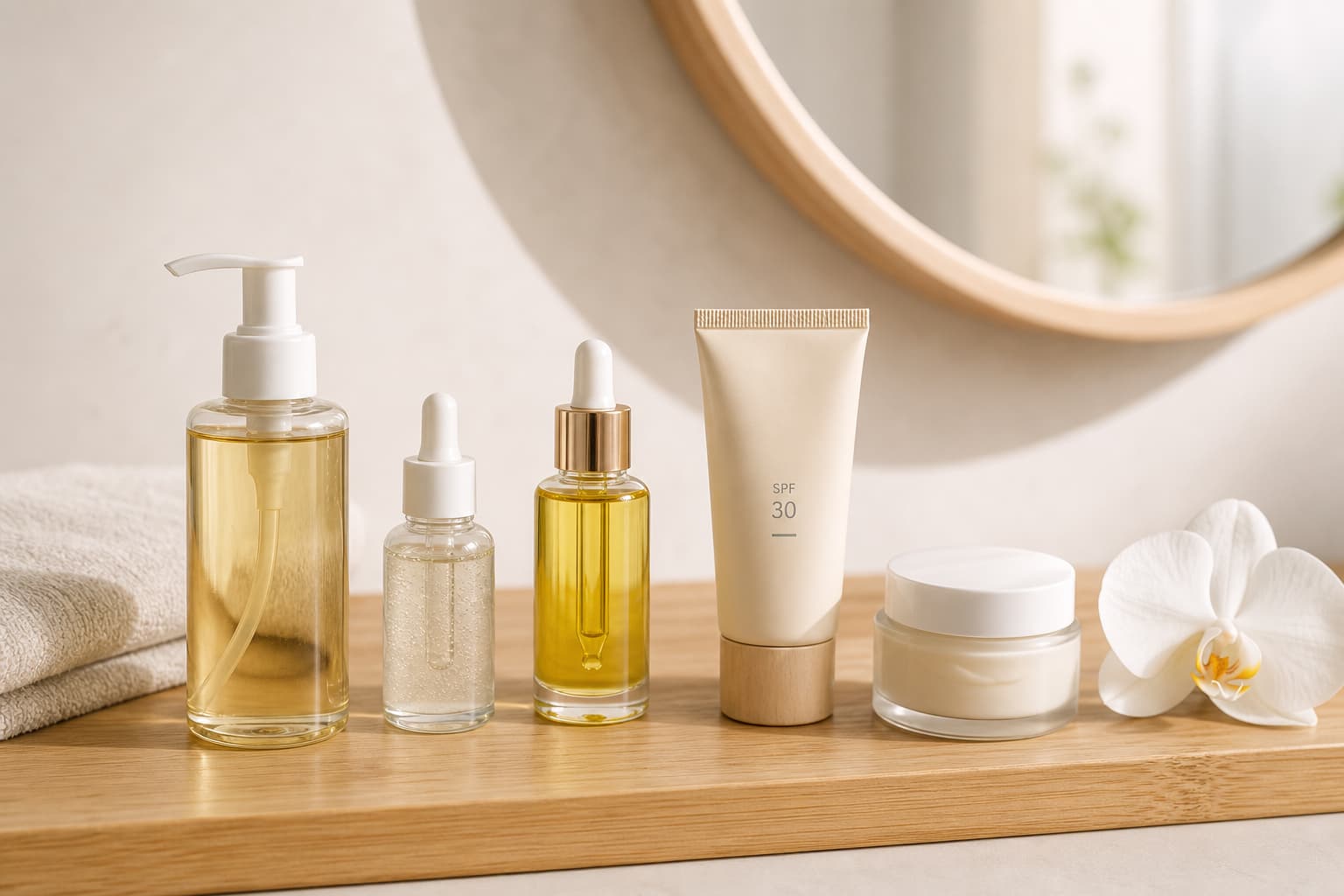 Cinq produits de soin anti-âge disposés sur une surface en bambou, avec un petit miroir rond en arrière-plan et une orchidée blanche, baignés de lumière naturelle.
