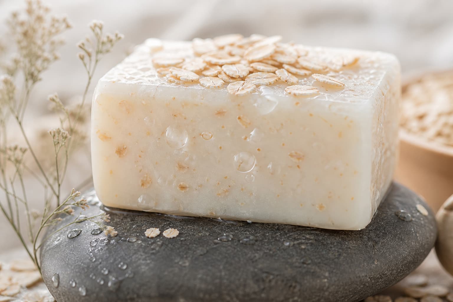 Un pain de savon aux teintes pastel reposant sur une pierre de rivière sombre, avec de délicates gouttelettes d