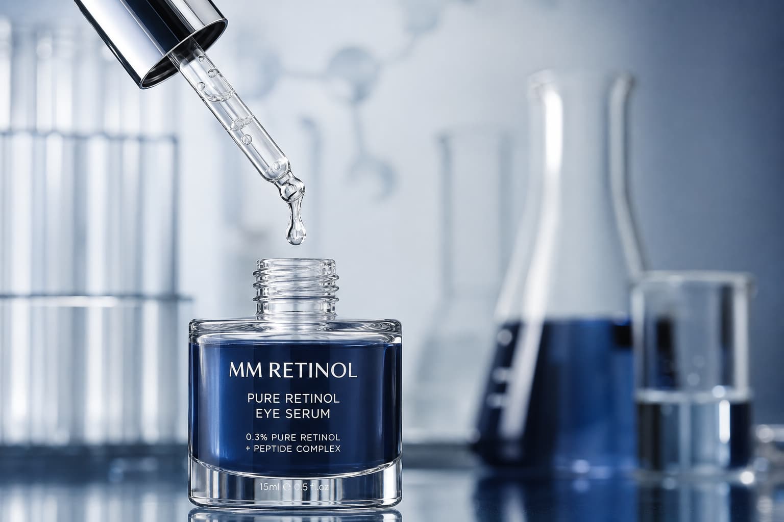 Flacon en verre de sérum contour des yeux au rétinol, avec compte-gouttes de précision, palette bleu profond et argent, éclairage studio net.