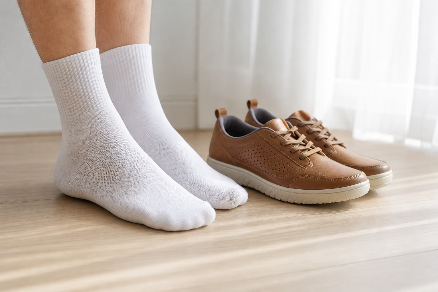 Pieds avec chaussettes blanches propres sur un parquet clair à côté de chaussures de marche en cuir dans une pièce lumineuse baignée de lumière naturelle.