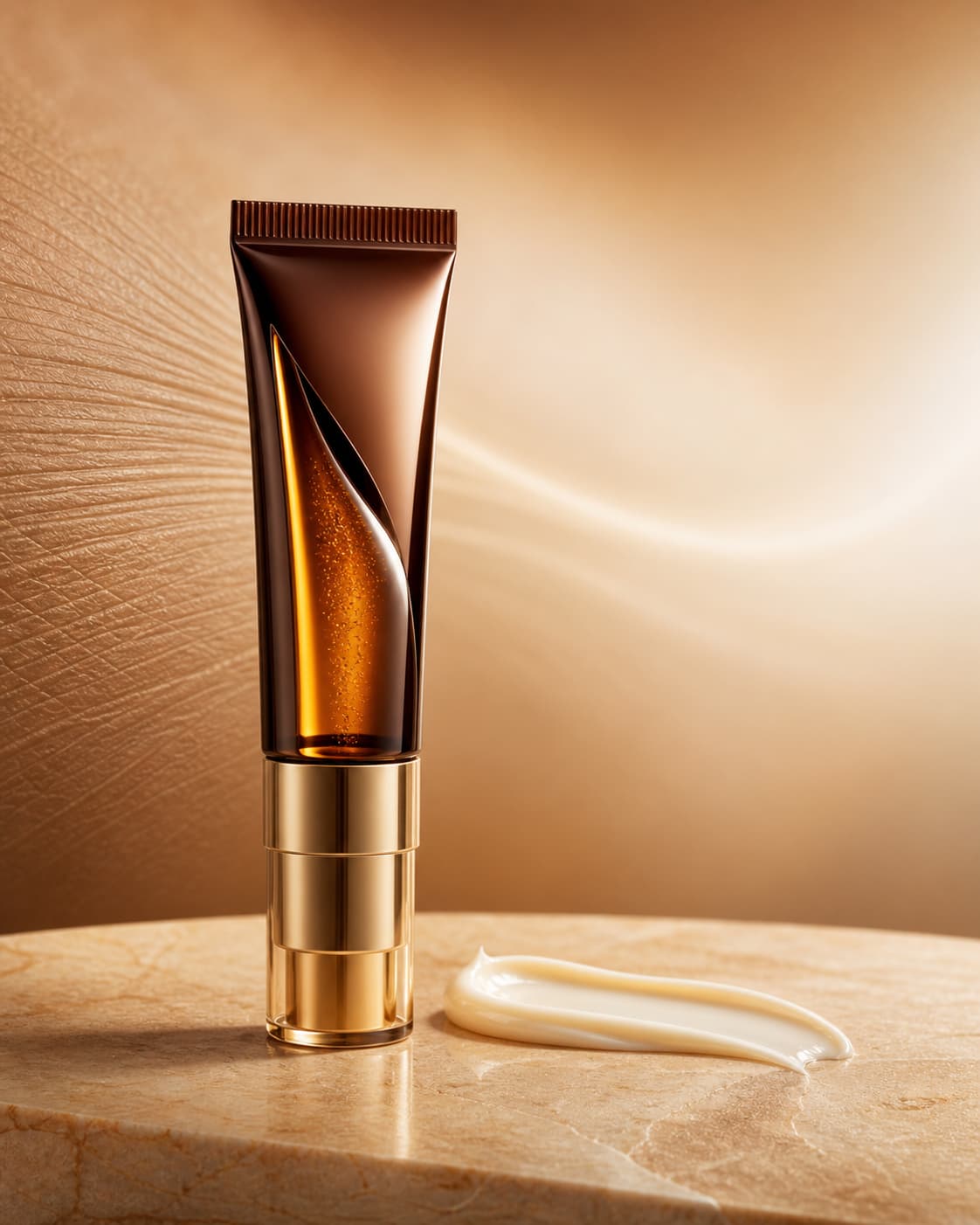 Tube moderne de crème pour les yeux avec des accents dorés et ambrés, éclairé par une lumière chaude sur un fond aux effets visuels subtils.
