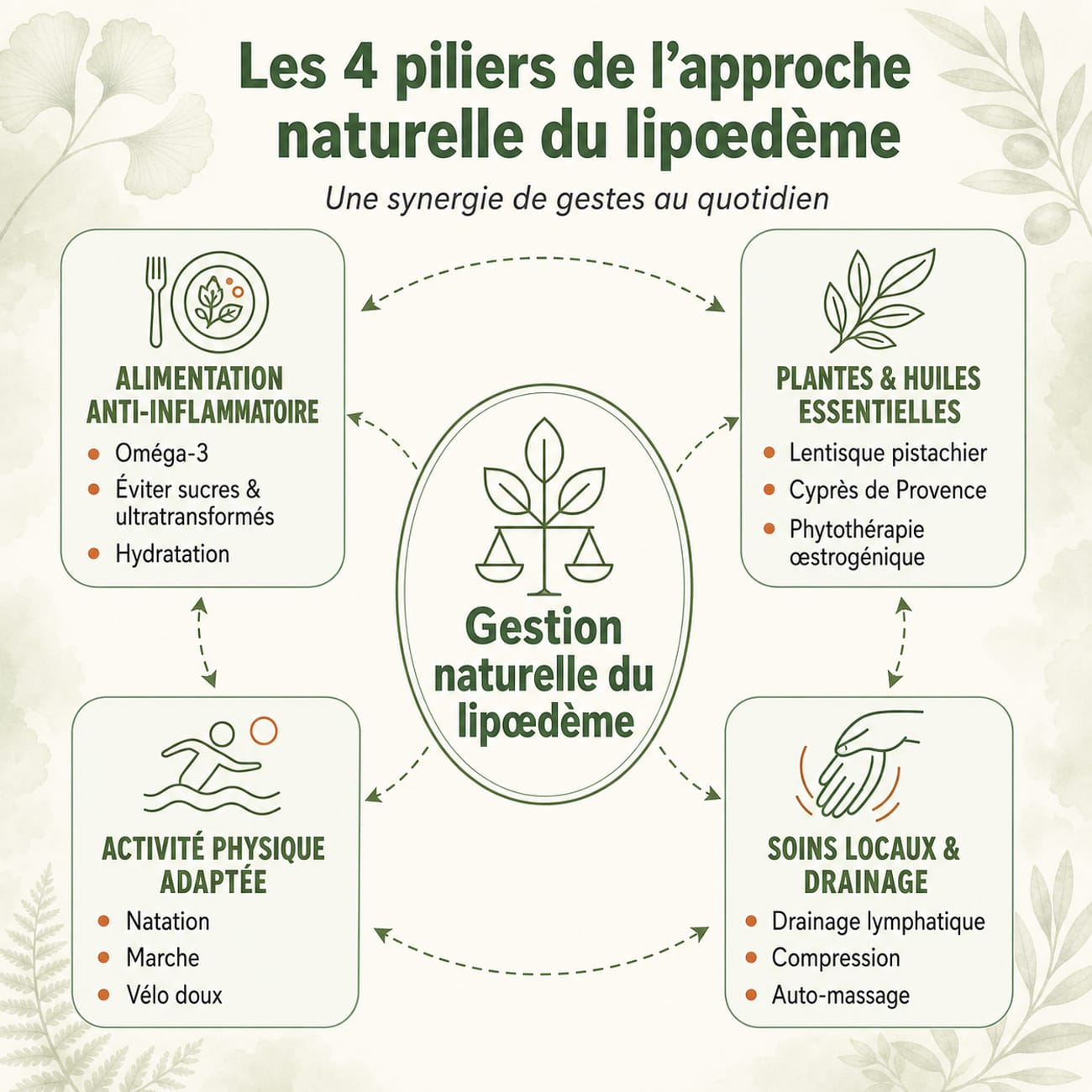 Infographie radiale des 4 piliers du traitement naturel du lipœdème