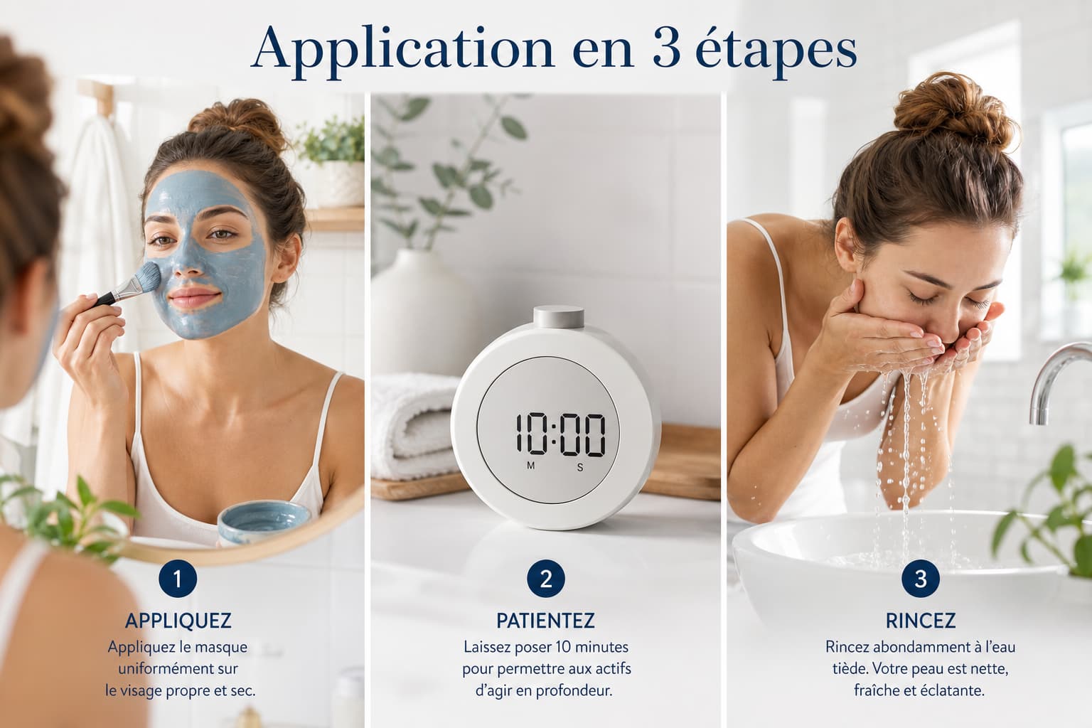 Guide visuel en trois étapes montrant une femme appliquant un masque d