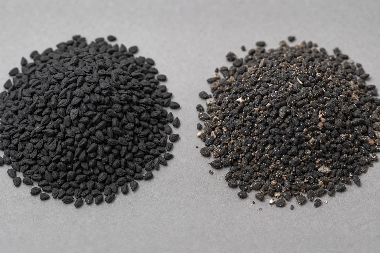 Deux tas de graines de nigelle côte à côte sur fond gris neutre, celui de gauche composé de graines uniformes de haute qualité, celui de droite de graines de qualité médiocre contenant poussière et débris.