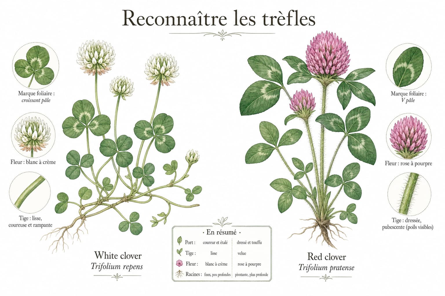 Deux illustrations botaniques de trèfle blanc et de trèfle des prés, côte à côte, montrant les différences de marques foliaires, de couleur des fleurs et de pilosité des tiges, avec un style aquarelle sur fond blanc, et le texte « Reconnaître les trèfles » en haut.