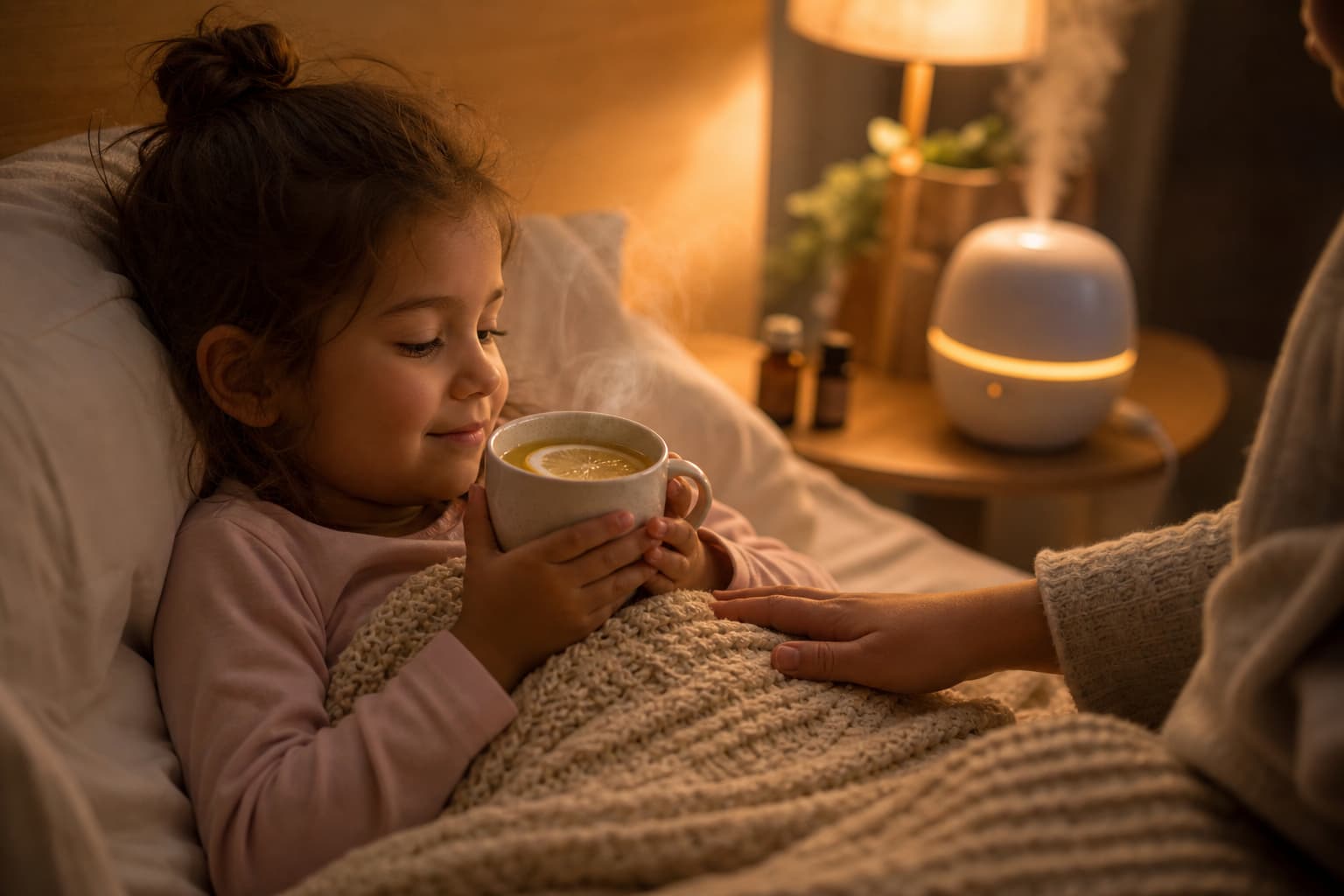 Un jeune enfant couché sous une couverture tient une tasse de thé au miel et citron, une main adulte rassurante est présente, un humidificateur diffuse une brume légère dans une chambre tamisée et apaisante.