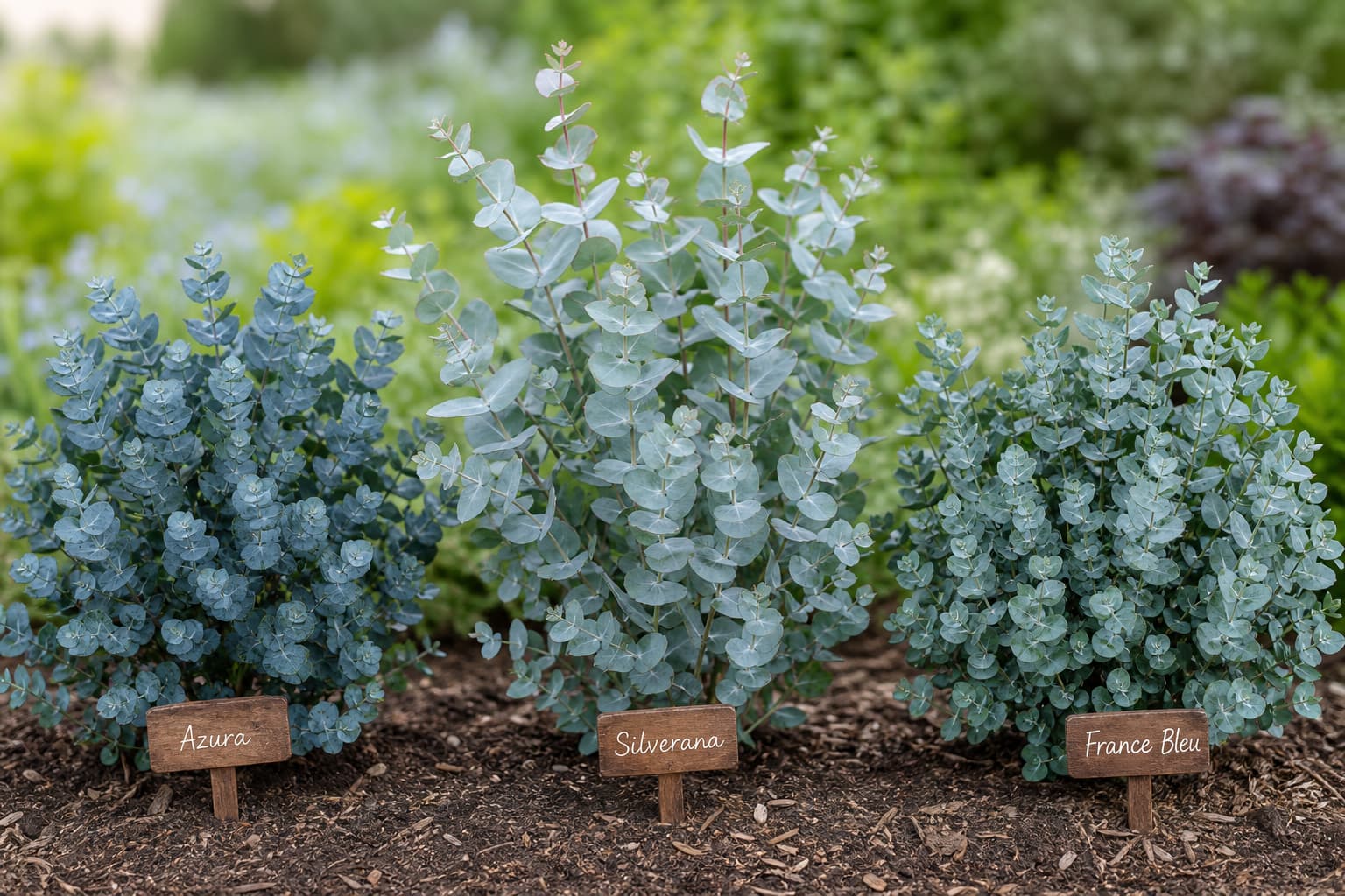 Une rangée de trois jeunes eucalyptus gunnii de cultivars distincts : Azura, Silverana et France Bleu, plantés dans un jardin et étiquetés avec des piquets en bois, sous une lumière naturelle douce.