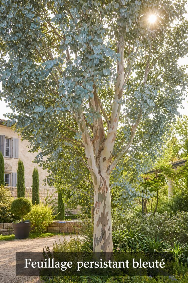 Un eucalyptus gunnii mature dans un jardin français, mettant en valeur sa silhouette colonnaire, son écorce qui pèle et son feuillage juvénile bleu argenté, baigné d'une douce lumière solaire, avec un bandeau foncé en bas affichant le texte 'Feuillage persistant bleuté'.