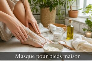 Une femme applique un masque fait maison sur ses pieds dans une salle de bain, entourée d'un bol de pâte, de bicarbonate de soude et d'huile d'olive, avec le texte 'Masque pour pieds maison' superposé en bas.