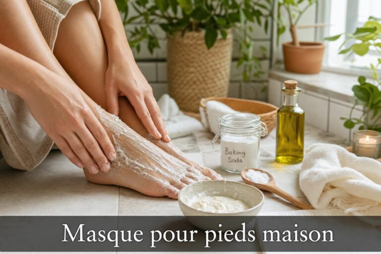Une femme applique un masque fait maison sur ses pieds dans une salle de bain, entourée d'un bol de pâte, de bicarbonate de soude et d'huile d'olive, avec le texte 'Masque pour pieds maison' superposé en bas.