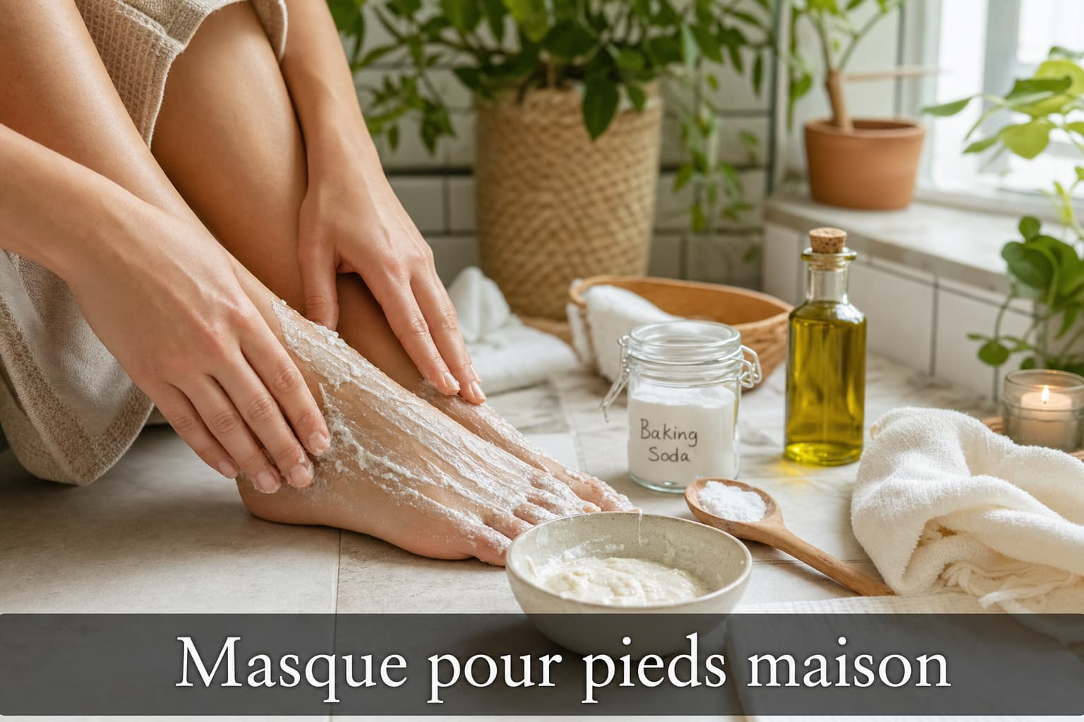 Une femme applique un masque fait maison sur ses pieds dans une salle de bain, entourée d