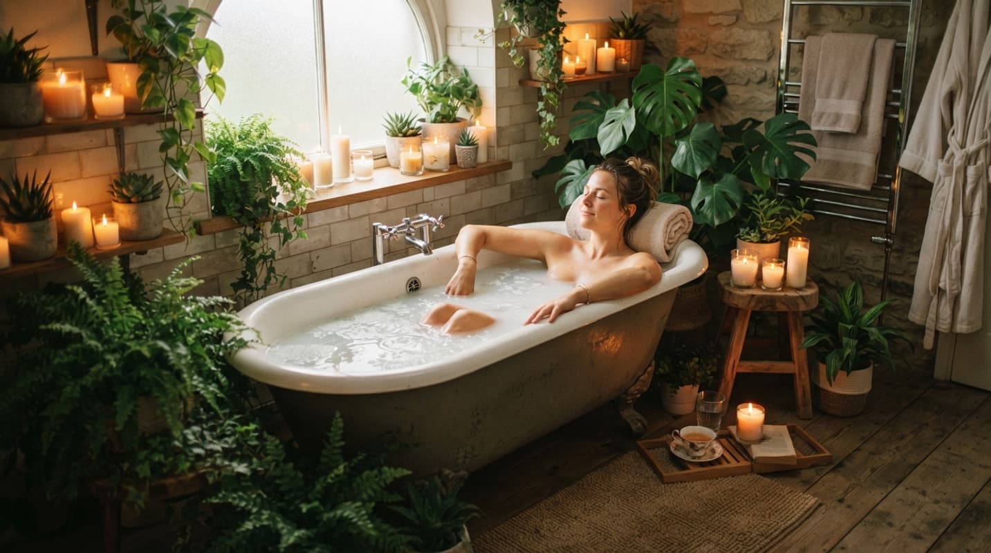 Femme se relaxant dans une baignoire avec de l’eau, des bougies allumées et des plantes vertes, sous une lumière tamisée chaude.