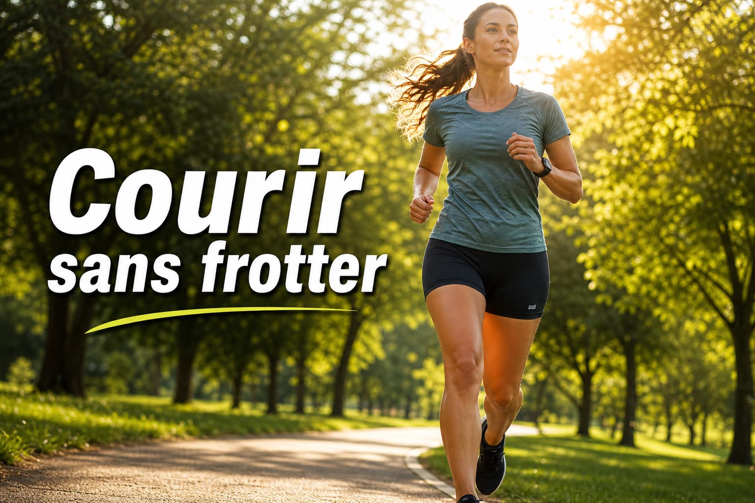 Coureuse en short confortable courant dans un parc ensoleillé, silhouette éclairée en contre-jour, avec le texte