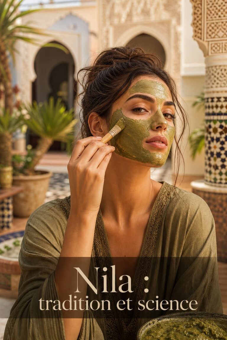 Femme au teint radieux appliquant un masque vert végétal dans un riad marocain ensoleillé, avec le texte superposé 'Nila : tradition et science'.