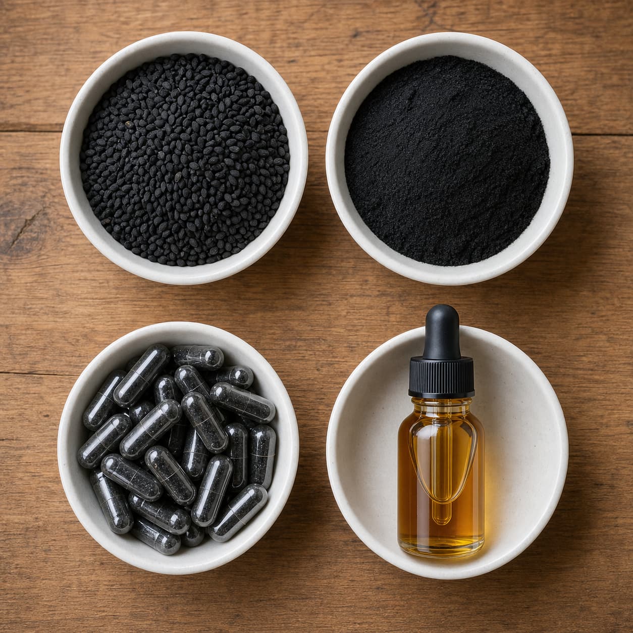 Quatre bols blancs en céramique sur une table en bois, contenant des graines de nigelle noires entières, de la poudre noire fine, des gélules et un flacon en verre d