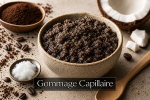 Bol en céramique texturé rempli d'un gommage capillaire naturel, entouré de marc de café et d'huile de coco, avec une cuillère en bois, sur fond sombre avec le texte 'Gommage Capillaire' en surimpression.