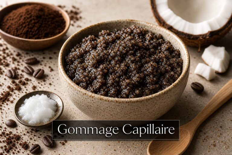 Bol en céramique texturé rempli d'un gommage capillaire naturel, entouré de marc de café et d'huile de coco, avec une cuillère en bois, sur fond sombre avec le texte 'Gommage Capillaire' en surimpression.