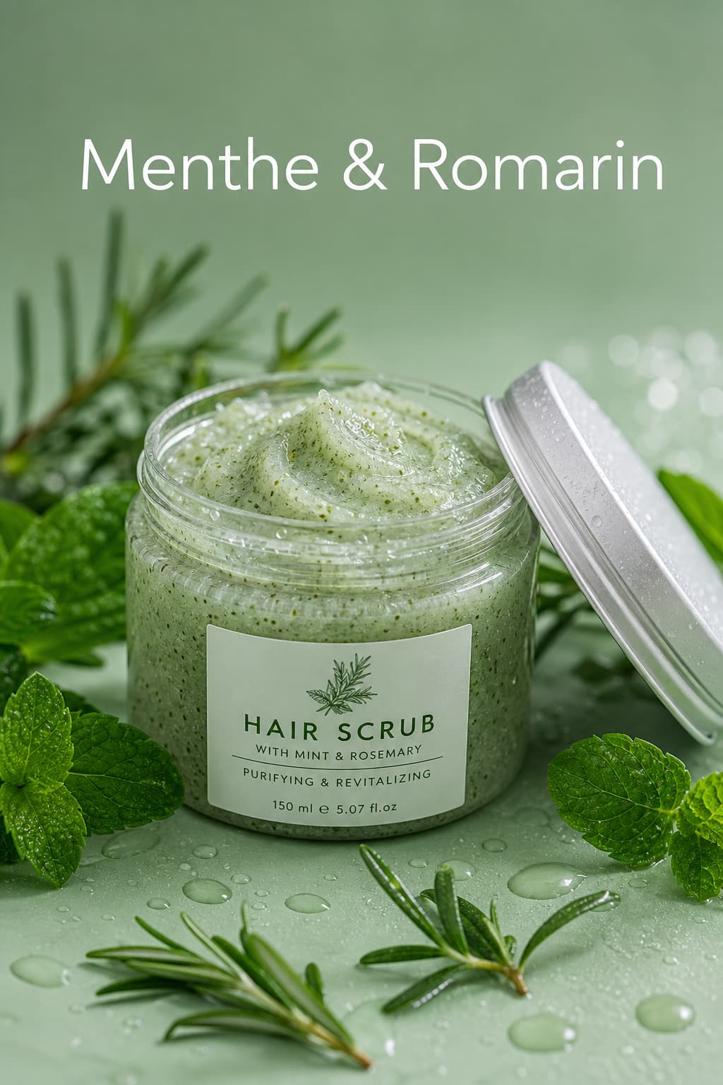 Pot transparent de gommage capillaire teinté vert, entouré de feuilles de menthe fraîche et de brins de romarin, sur fond vert menthe, avec le texte