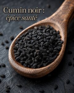 Gros plan sur des graines de cumin noir remplissant une cuillère en bois rustique, éparpillées sur une surface en ardoise sombre.