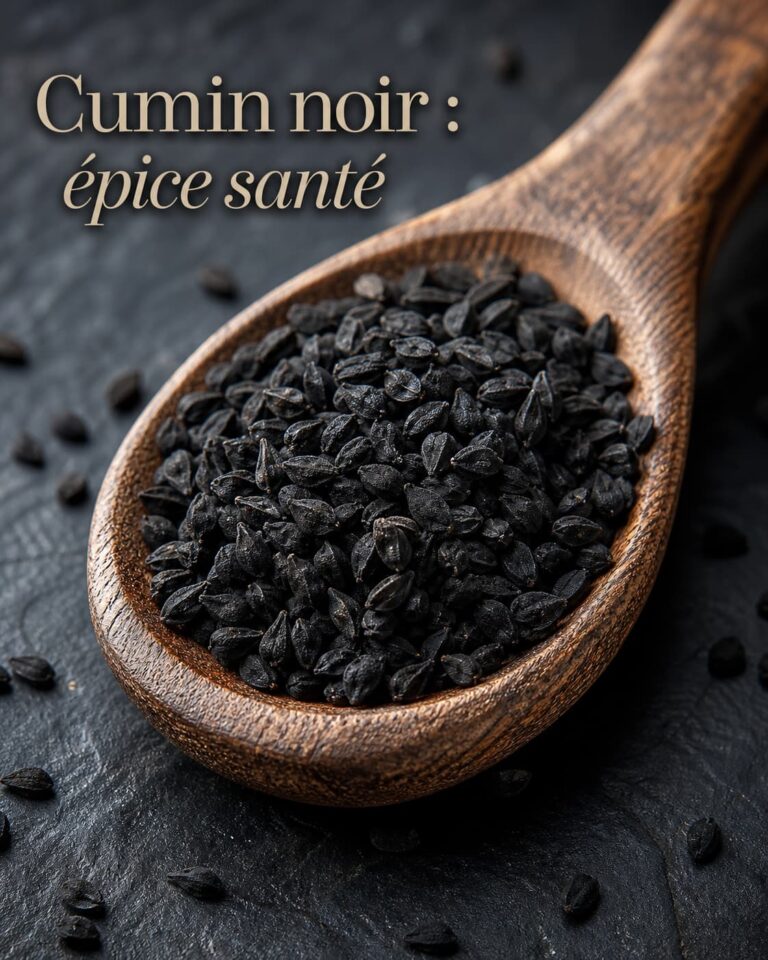 Gros plan sur des graines de cumin noir remplissant une cuillère en bois rustique, éparpillées sur une surface en ardoise sombre.