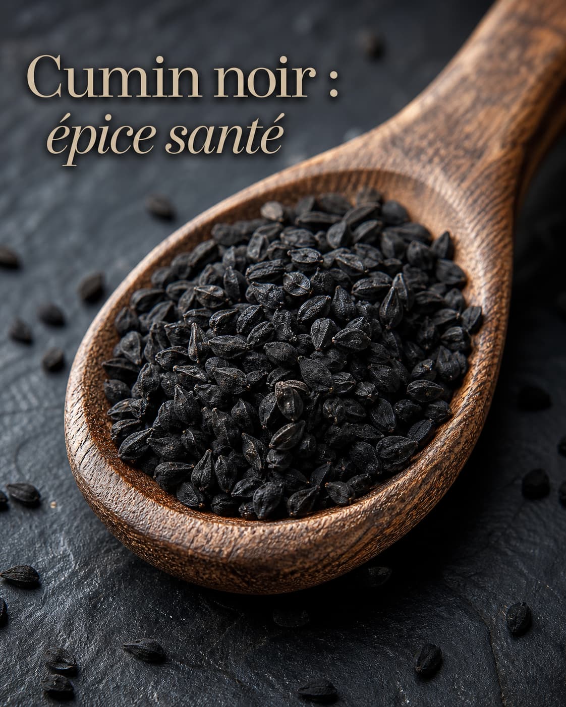 Gros plan sur des graines de cumin noir remplissant une cuillère en bois rustique, éparpillées sur une surface en ardoise sombre.