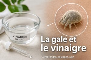 Un bol en verre transparent contenant du vinaigre blanc avec un compte-gouttes, à côté d'une illustration agrandie d'un sarcopte de la gale sur un fond texturé évoquant la peau, avec le texte superposé 'La gale et le vinaigre'.