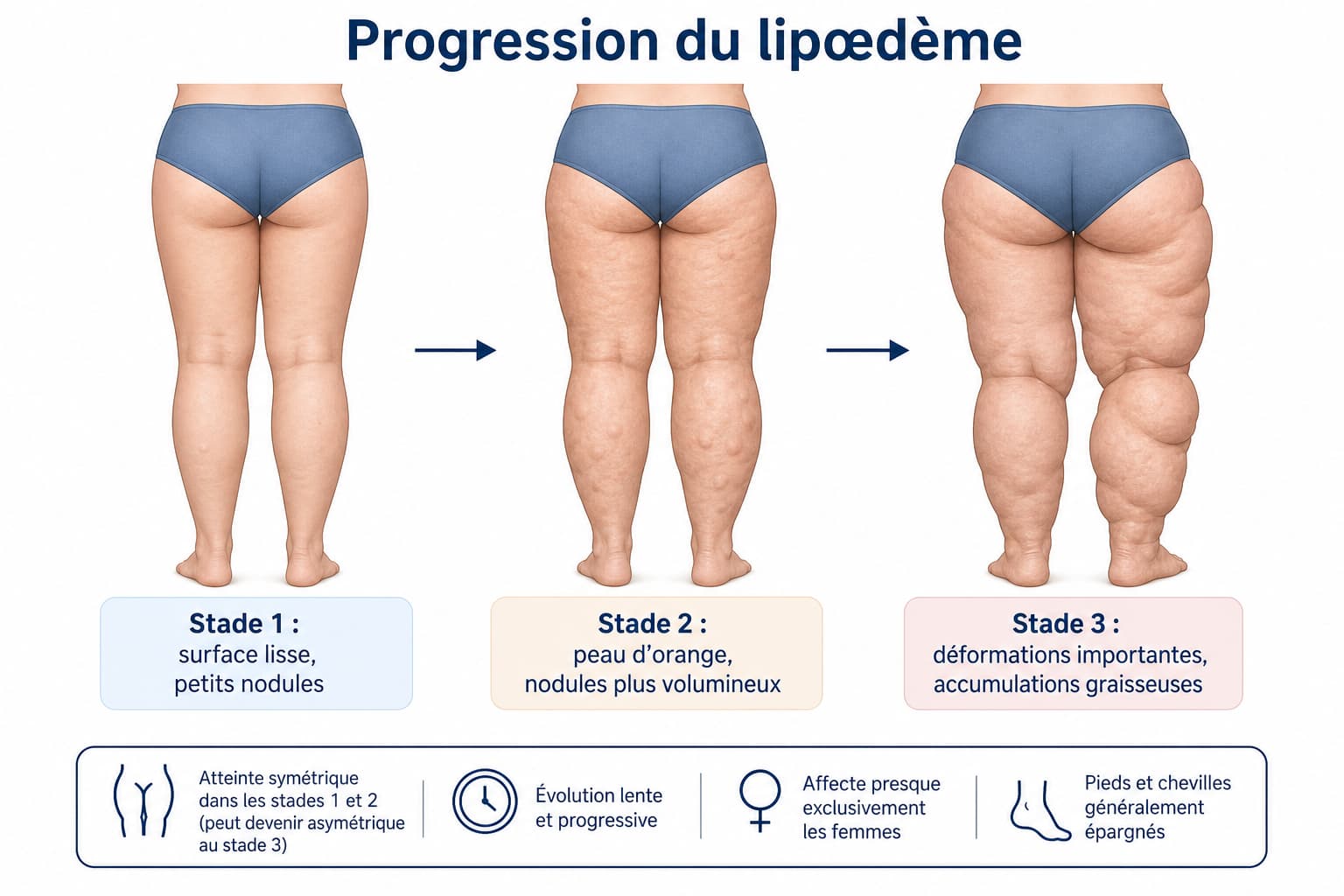 Illustration médicale des trois stades du lipœdème sur des jambes féminines