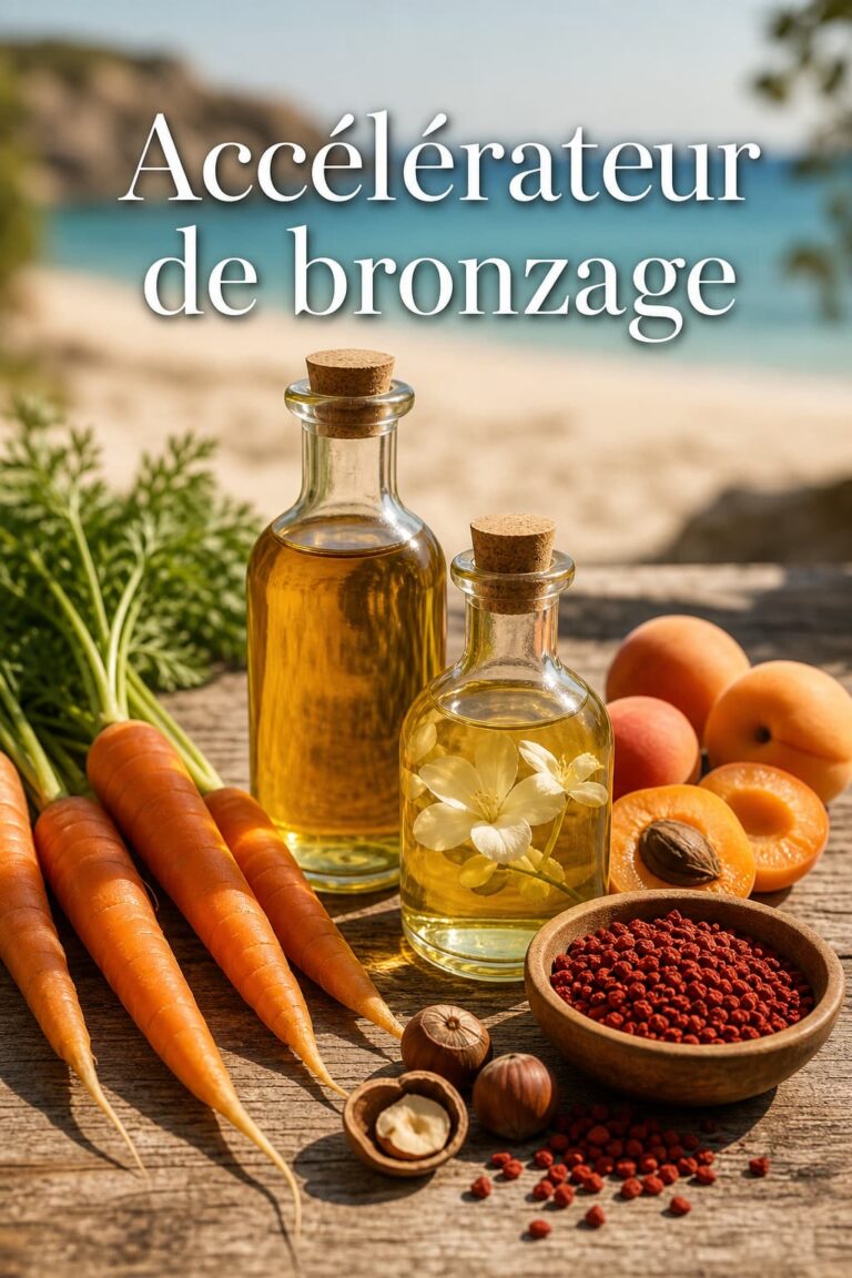 Bouteilles en verre d'huile de carotte et de monoï, carottes fraîches, abricots, noisettes et graines d'urucum sur une table en bois ensoleillée avec un arrière-plan de plage flou, et le texte 'Accélérateur de bronzage' en ombre portée superposé.