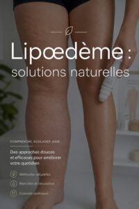 Jambes d'une femme, l'une montrant un gonflement caractéristique du lipœdème avec une texture peau d'orange, l'autre recevant un auto-massage avec un roll-on, sur fond médical propre avec surimpression du texte 'Lipœdème : solutions naturelles'.