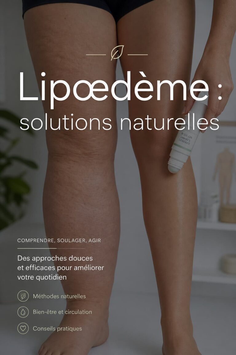 Jambes d'une femme, l'une montrant un gonflement caractéristique du lipœdème avec une texture peau d'orange, l'autre recevant un auto-massage avec un roll-on, sur fond médical propre avec surimpression du texte 'Lipœdème : solutions naturelles'.