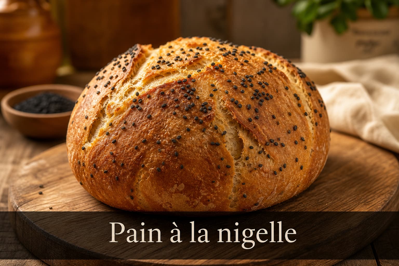 Pain artisanal rond aux graines de nigelle noires sur une planche en bois rustique, avec un éclairage latéral doux et le texte