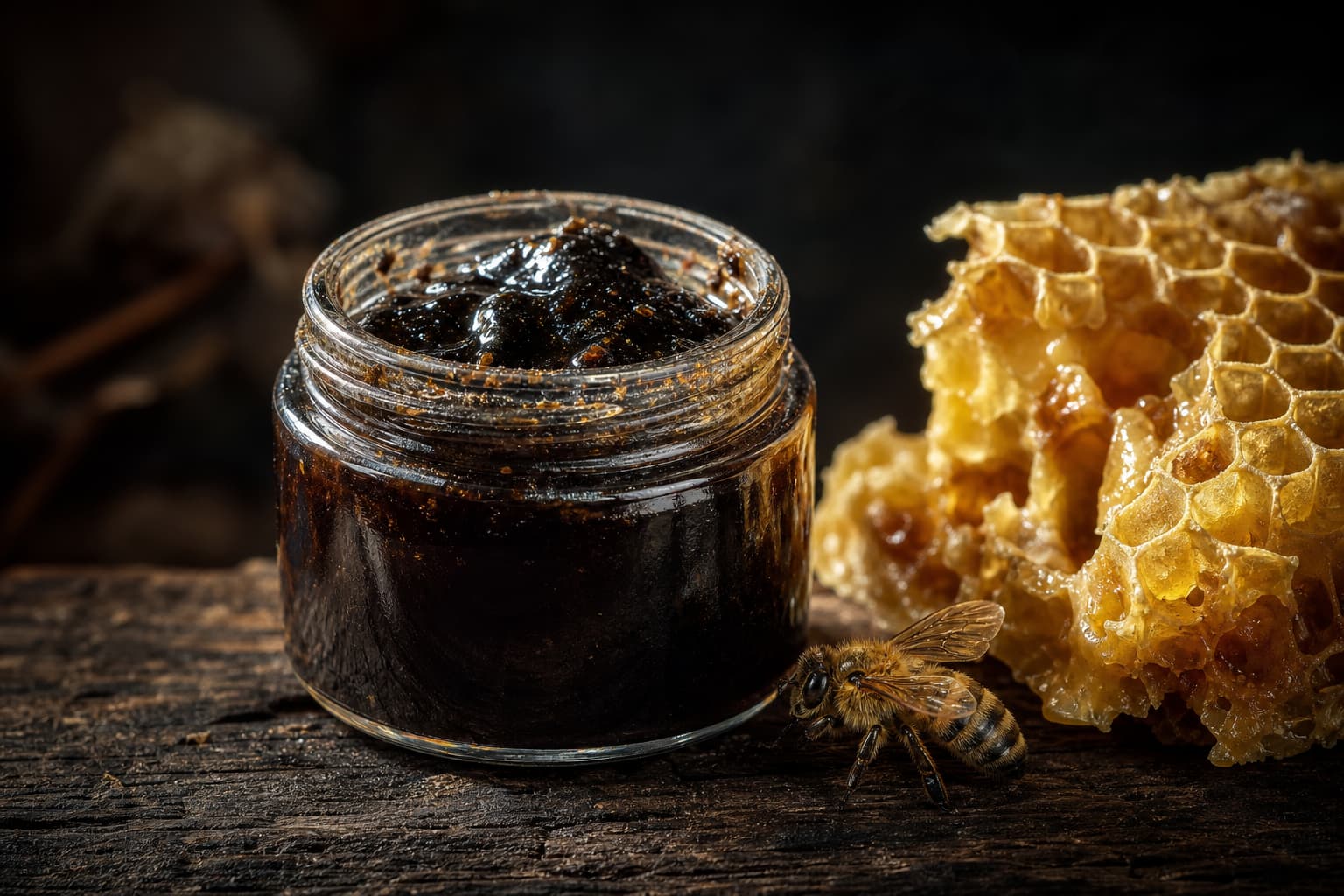 Un petit pot de propolis noire à la texture brillante et résineuse, avec un morceau de rayon de miel et une figurine d