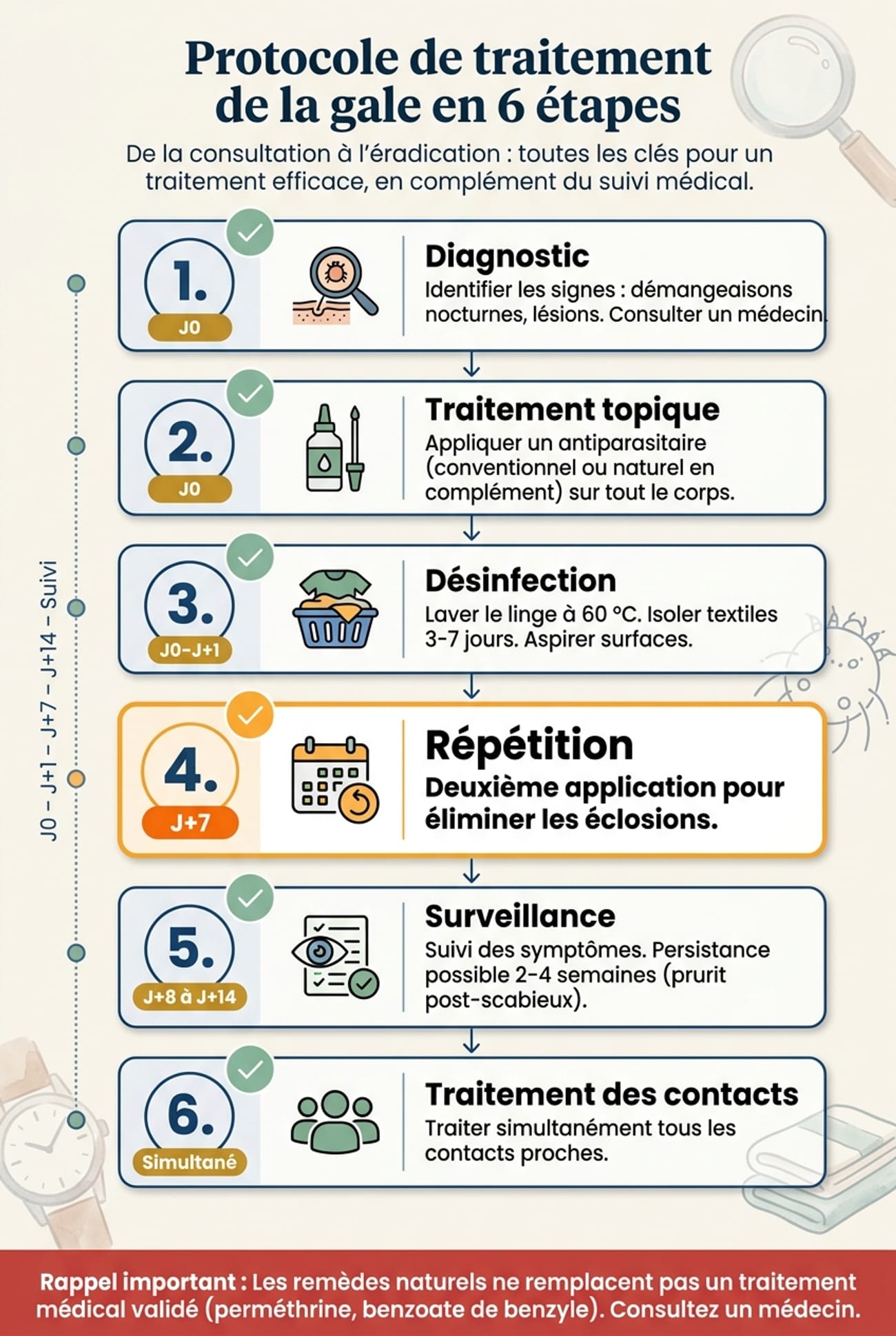Infographie protocole traitement gale en 6 étapes
