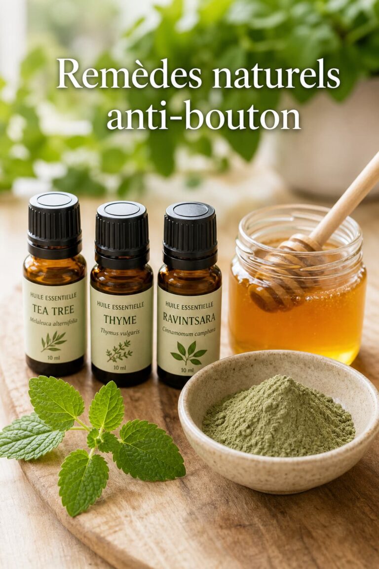 Flat lay éditorial de remèdes naturels anti-bouton de fièvre avec huiles essentielles, miel, argile verte et mélisse, texte 'Remèdes naturels anti-bouton' incrusté, sur fond végétal flou.
