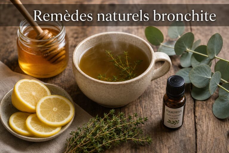 Composition à plat sur une table en bois rustique comprenant une tasse fumante de tisane, un pot de miel, des tranches de citron, un brin de thym, des feuilles d'eucalyptus et une petite bouteille d'huile essentielle, dans une lumière naturelle douce, avec le texte 'Remèdes naturels bronchite' superposé sur un bandeau sombre en haut.