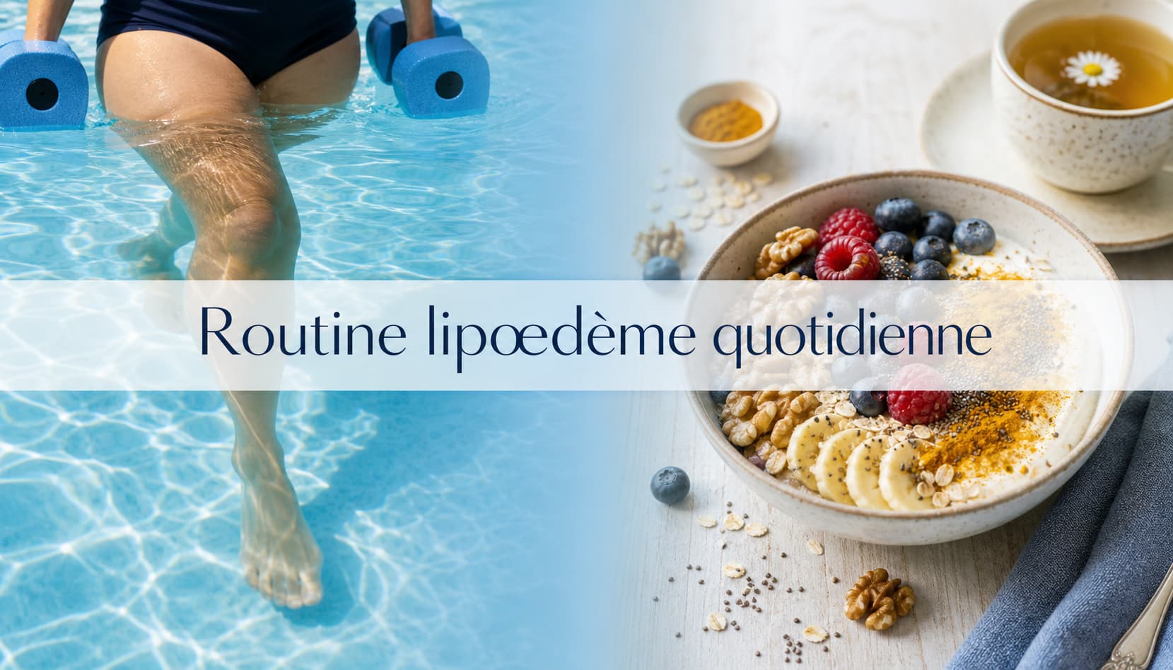 Montage illustrant une routine lipœdème quotidienne avec aquagym et petit-déjeuner anti-inflammatoire