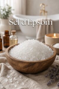 Cristaux de sel d'Epsom dans un bol en bois, avec une baignoire de type spa, des flacons d'huiles essentielles et une bougie en arrière-plan, éclairage diffus, et le texte 'Sel d'Epsom' superposé.