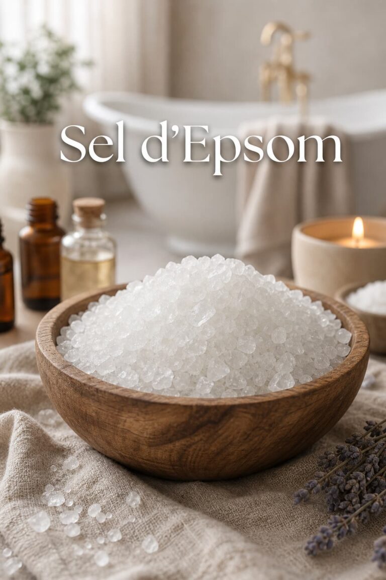 Cristaux de sel d'Epsom dans un bol en bois, avec une baignoire de type spa, des flacons d'huiles essentielles et une bougie en arrière-plan, éclairage diffus, et le texte 'Sel d'Epsom' superposé.