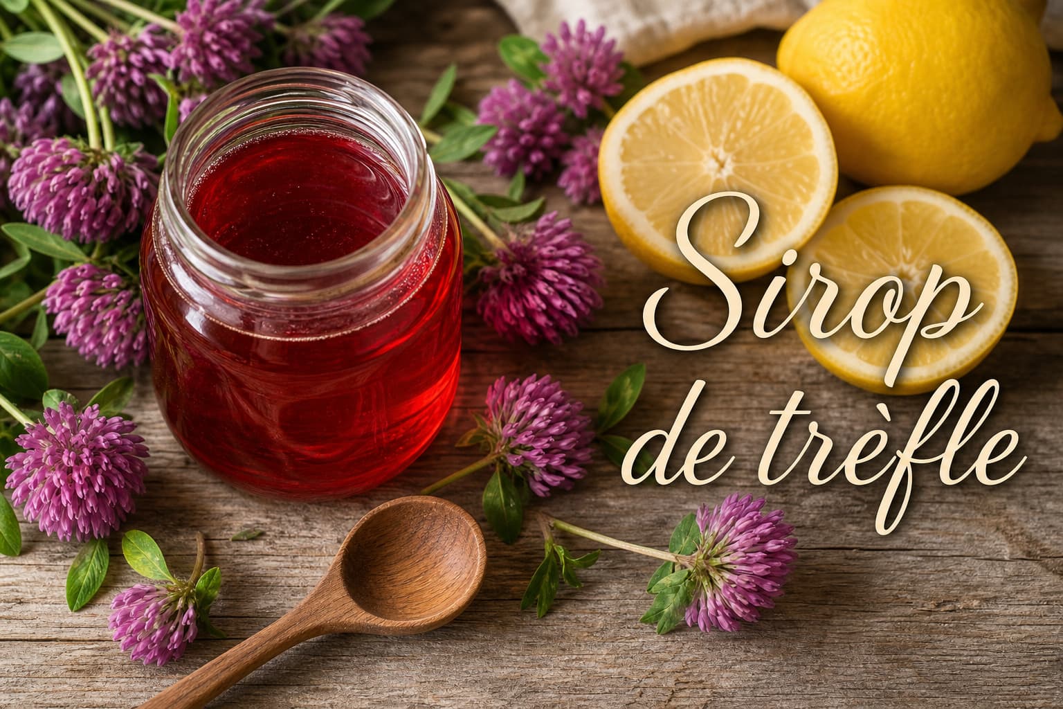 Bocal en verre de sirop de trèfle rouge fait maison, entouré de fleurs de trèfle rouges, tranches de citron et cuillère en bois, éclairage naturel chaleureux, vue de dessus, texte