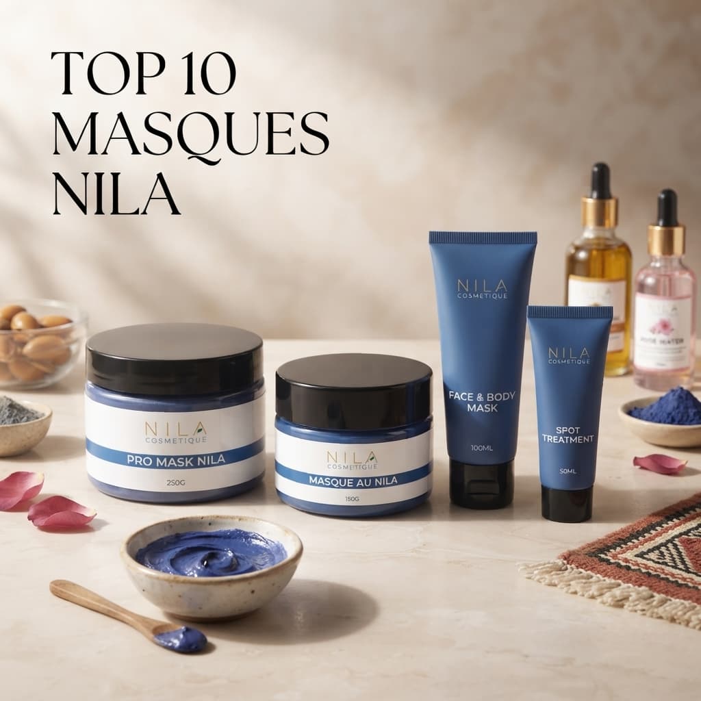 Présentation de plusieurs emballages de masques Nila, dont des bocaux en verre et des tubes, avec un bol de pâte bleue et des ingrédients naturels en fond, et le texte
