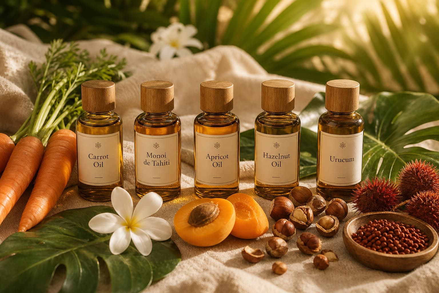 Top 5 ingrédients bronzage naturels : huiles de carotte, monoï, abricot, noisette, urucum