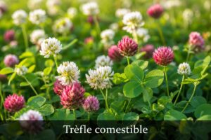 Gros plan vibrant d'un champ de fleurs de trèfle blanc et rouge, avec arrière-plan flou bokeh, lumière naturelle du soleil filtrant à travers les feuilles, et le texte 'Trèfle comestible' en superposition sur un fond sombre semi-transparent en bas.