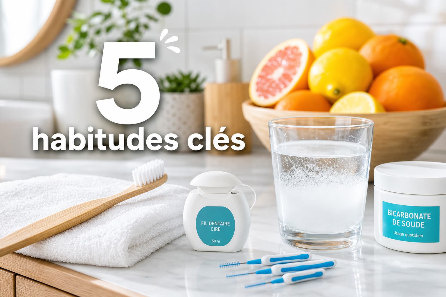 Salle de bain lumineuse présentant une brosse à dents en bambou, du fil dentaire, des brossettes interdentaires, un verre d