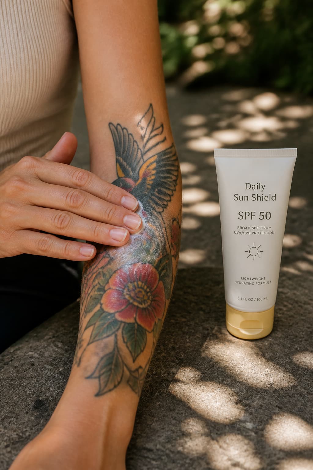 Une main applique une crème hydratante légère sur un tatouage cicatrisé, avec un tube de protection solaire SPF50 à proximité, en extérieur sous le soleil.