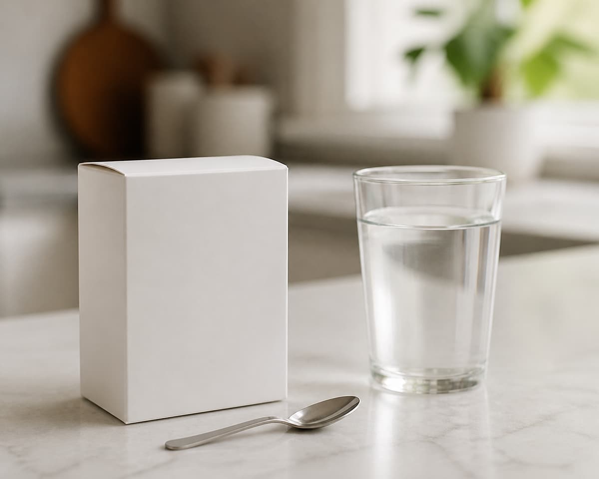 Une boîte neutre de bicarbonate de soude posée avec une petite cuillère à côté d'un verre d'eau sur un plan de travail sobre.