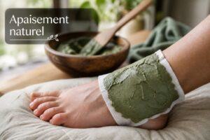 Cheville légèrement gonflée recouverte d'un cataplasme d'argile verte sur un linge blanc, posée sur un coussin, avec un bol d'argile et une spatule en arrière-plan, et le texte « Apaisement naturel » affiché.